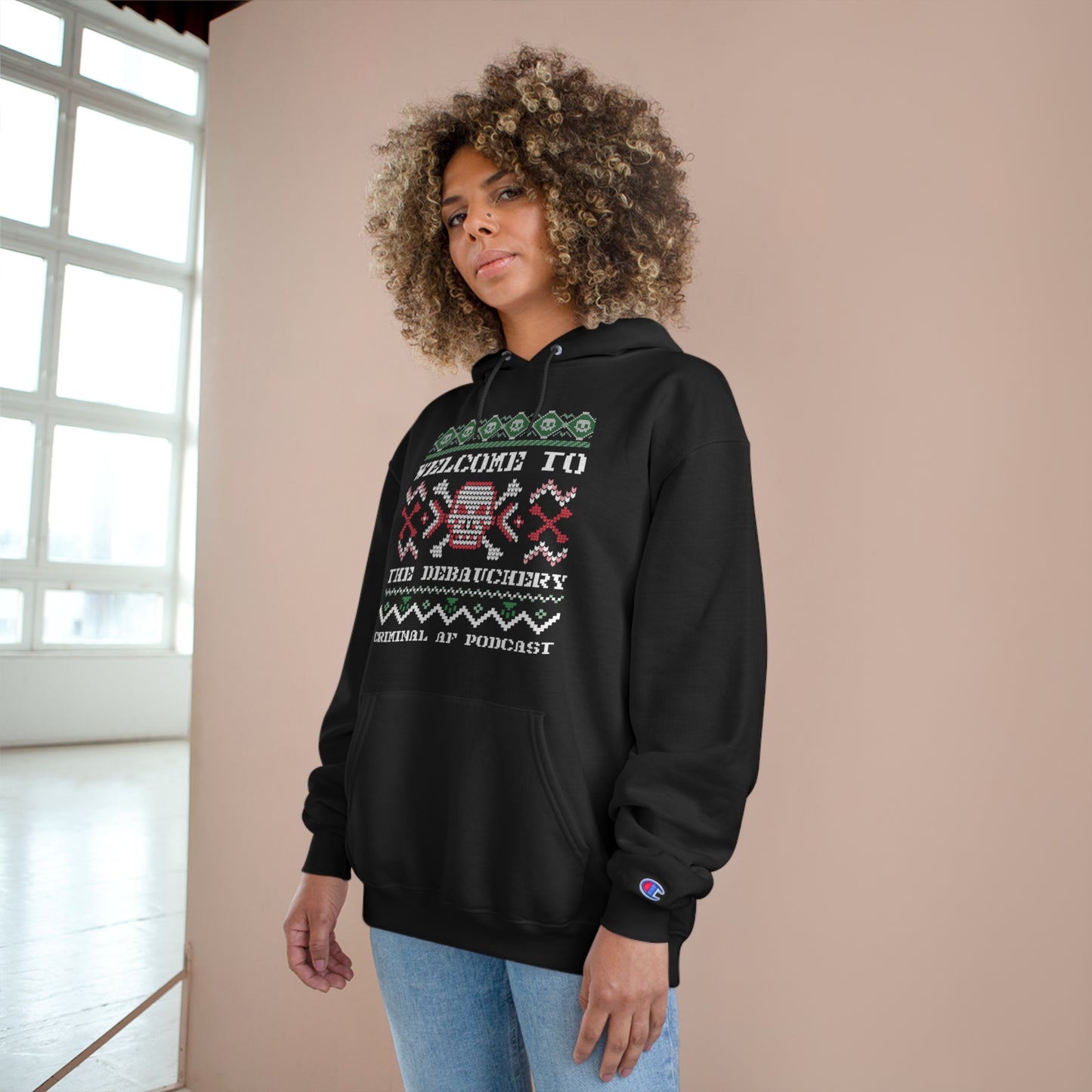 Criminal AF Ugly Christmas Unisex Champion Hoodie - Welcome To The Debauchery