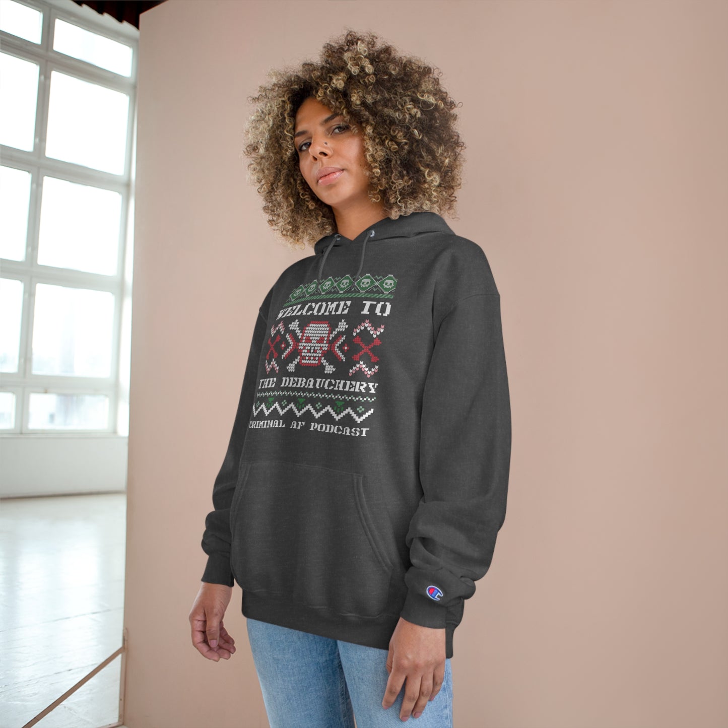 Criminal AF Ugly Christmas Unisex Champion Hoodie - Welcome To The Debauchery